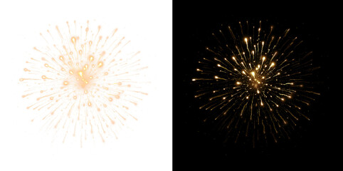 Obraz premium Gold Fireworks Splash Burst with Glowing Droplets, Transparent and Black Background Versions
