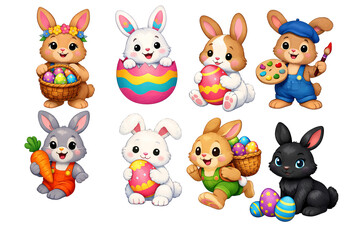 Fototapeta premium Png set of cute easter bunnies with eggs, carrots, and artistic accessories isolated on transparent background. concept of spring holiday, festive decor, and playful animal characters.