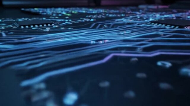 Cybernetic System Energy Close-up of glowing circuit traces and components pulsating with a rhythmic, ethereal light, conveying the invisible energy of a digital system.