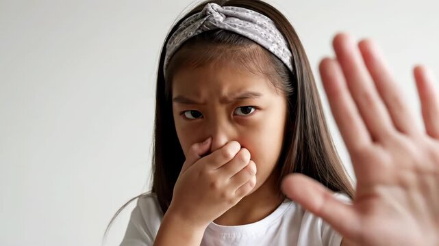 A young girl covering her mouth and frowning while holding up her hand in a stop gesture on white background