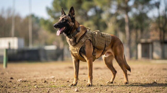 Belgian Malinois dog in tactical vest standing on a field. Military or police K9 working dog training outdoors. Security and protection concept