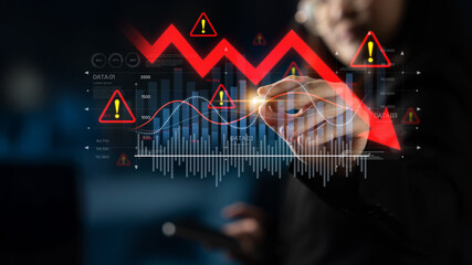 Economic caution visualized with fluctuating market graph, alert symbols, and negative data trends....