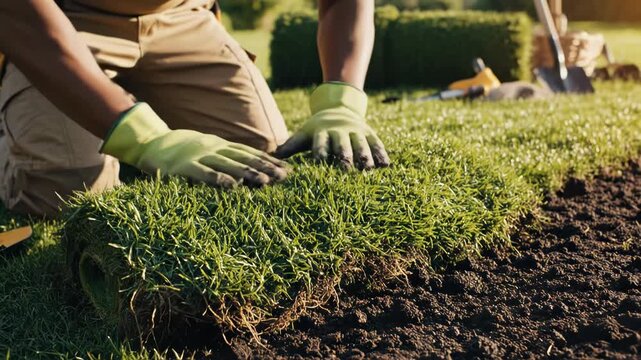 A person laying sod in a garden or yard with their hands and gloves on