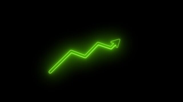 Glowing neon upward zigzag arrow on a black background, representing growth, progress, and success in a futuristic digital style.
