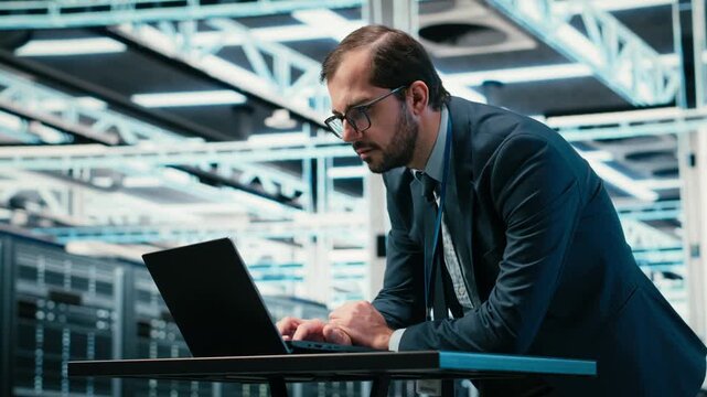 Data center engineer uses laptop and augmented reality simulation to manage IT infrastructure database storage. Man in server farm monitoring cloud computing equipment rigs, VFX compositing, camera B