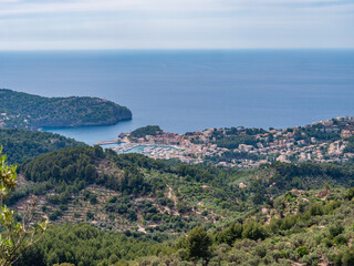 Obraz premium Elevated panoramic perspective reveals Port de Soller's picturesque harbor nestled between forested hills and Mediterranean waters in this travel-worthy Balearic Islands landscape.