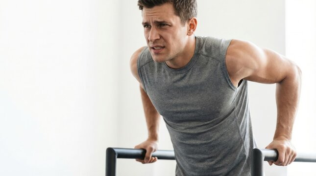Muscular man performing dipping exercise on parallel bars in a gym.
