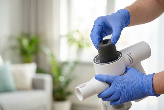 Hands in blue gloves changing the filter of a modern handheld vacuum cleaner.