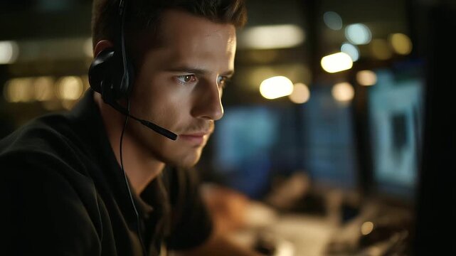 Focused emergency operator dispatching aid, unsung hero in headset, emergency response work, 911 call center scene, crisis communication moment, faceless operator working,
