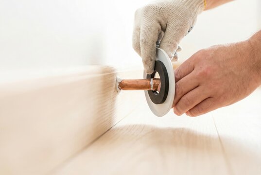 Plumber installing a decorative flange on a copper pipe coming out of a wall.