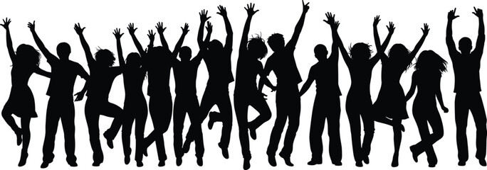 Happy dancing people silhouettes jumping together, energetic crowd celebration isolated on white background party concept illustration