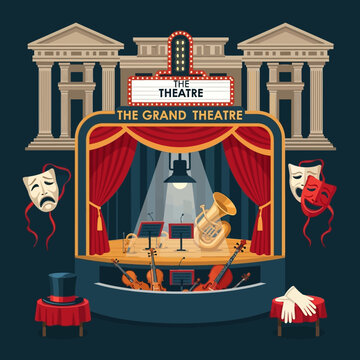 Theatre Stage with Musical Instruments and Masks