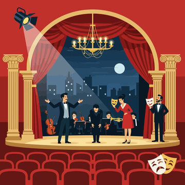 Theater performance with actors on stage at night