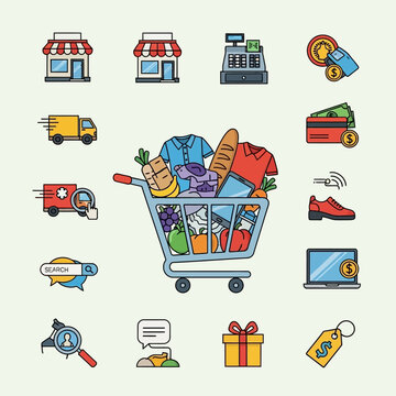Shopping cart filled with various products and groceries