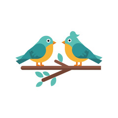 Fototapeta premium Two birds perched on a branch facing each other in a peaceful scene.