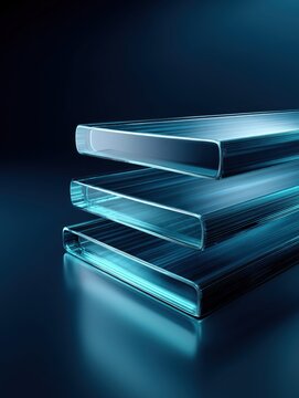 Abstract stack of translucent blue glass rectangles with glowing edges on a dark reflective surface