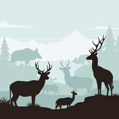 Naklejka premium Deer silhouetted against a serene forest landscape with wildlife