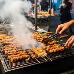 Numerous marinated skewers cook over hot coals at an outdoor food stall