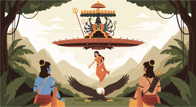 A captivating illustration depicting a scene from the Ramayana, showcasing Lord Rama and Lakshmana, the abduction of Sita, and the mythical Pushpaka Vimana in a lush jungle setting.