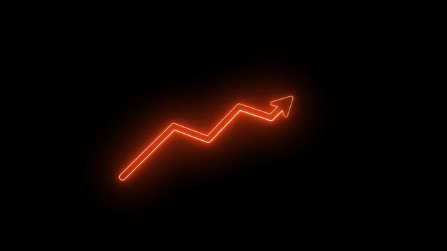 Glowing neon upward zigzag arrow on a black background, representing growth, progress, and success in a futuristic digital style.
