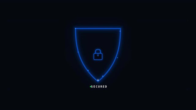A sleek, dark digital shield with a lock symbol illuminated in blue, representing security