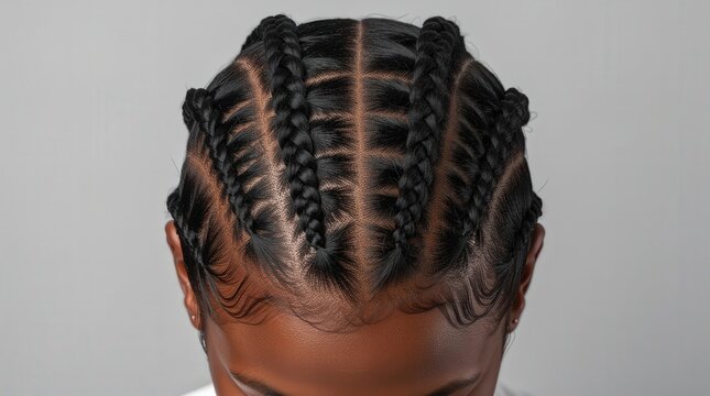 The image shows the top view of a person's head with neatly styled cornrow braids and sleek baby hairs.