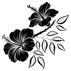 Exotic Hibiscus Flower Branch with Leaves - Black and White Vector Illustration for Tropical Vibes