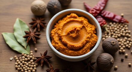 Spicy Red Curry Paste in Ceramic Bowl Surrounded by Aromatic Spices