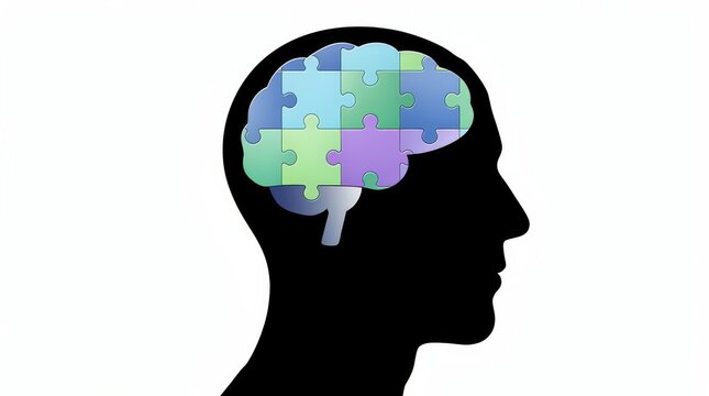 Silhouette of a human head with a colorful jigsaw puzzle representing the brain inside.