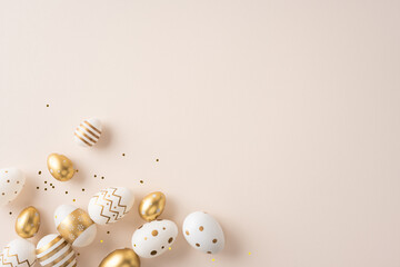 Happy Easter greeting featuring elegant white and gold decorated eggs scattered on a soft pastel background for spring celebration and festive decoration © ActionGP