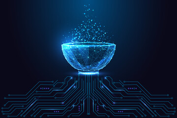 AI Data Bowl over circuit board. Futuristic Digital Cauldron in Tech Mesh Vector Design © Inna