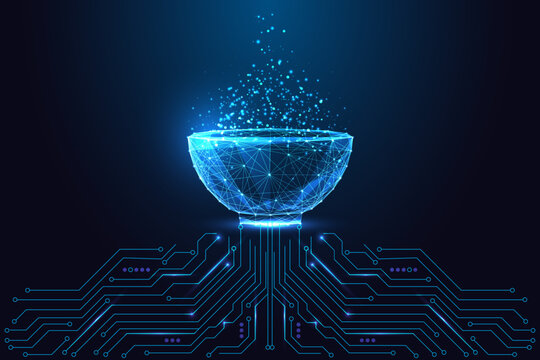 AI Data Bowl over circuit board. Futuristic Digital Cauldron in Tech Mesh Vector Design