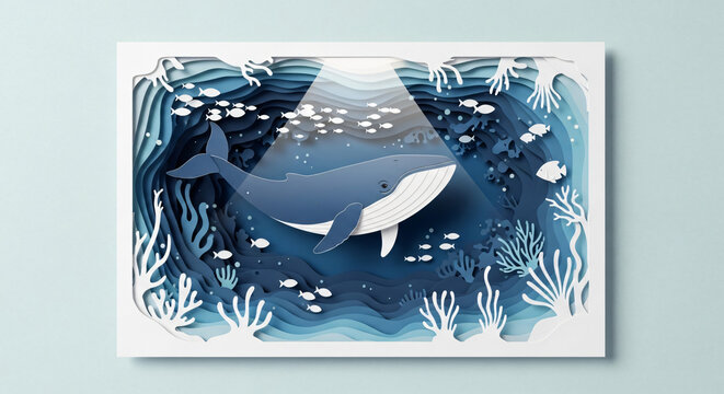 Deep Ocean Paper Cut Art with Whale Fish and Marine Life