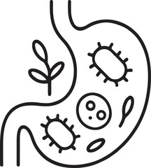 Stomach with gut flora, linear icon, microbiome, digestion and probiotic health. Line with editable stroke.
