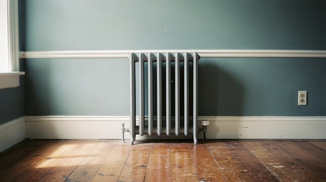 A classic metal radiator stands against a pale blue wall in a room with wooden flooring and natural light coming from a window.