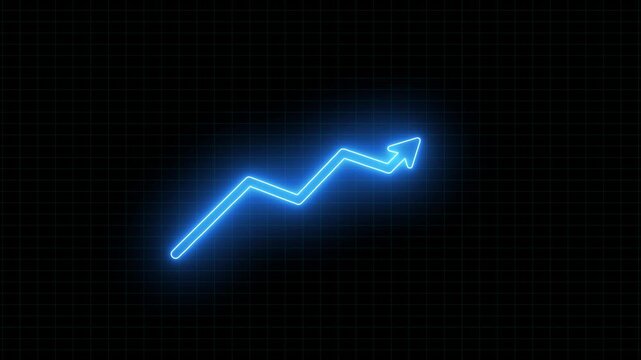 Glowing neon upward zigzag arrow on a black background, representing growth, progress, and success in a futuristic digital style.
