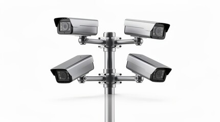 A cluster of four modern security cameras mounted on a single pole, designed for 360-degree surveillance in public or private areas.