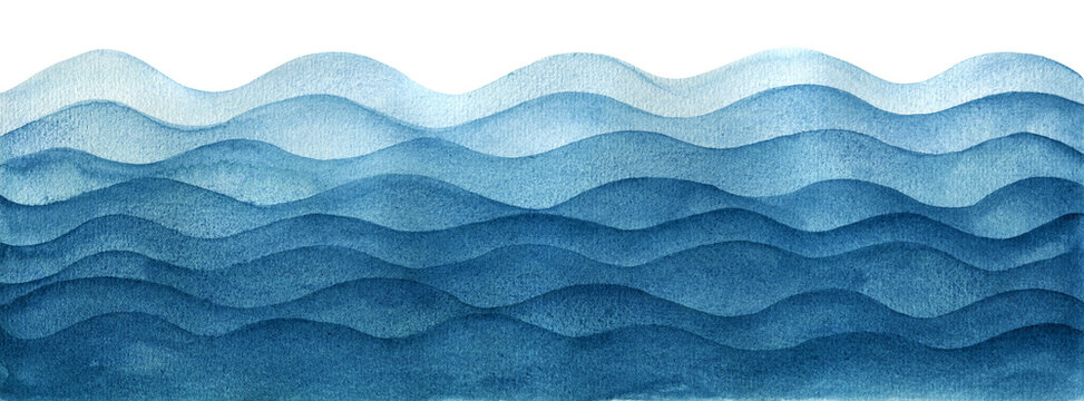 Artistic watercolour bright turquoise blue wavy layered marine border background. Hand painting aquamarine teal watercolor overlay sea waves frame for ocean banner, undersea, nature poster design