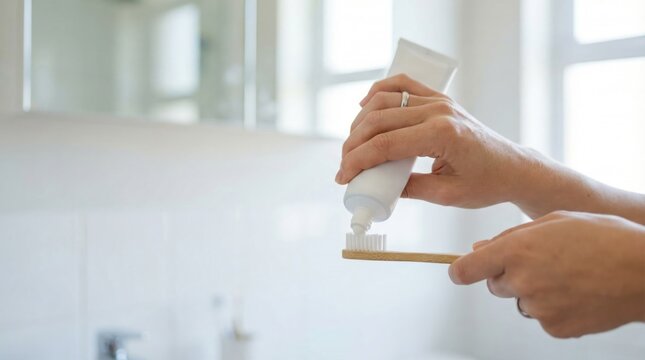 Person squeezing toothpaste onto a bamboo toothbrush in a white bathroom setting.