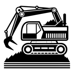 Black and white illustration of an excavator digging a pile of dirt, industrial machinery on tracks
