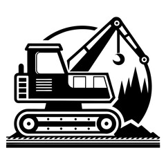 Construction crane excavator with hook lifting dirt from a mound, black and white vector art