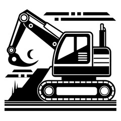 Nighttime scene of an excavator digging a trench with moon in the sky, black and white industrial vector illustration