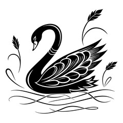 Elegant black swan illustration with ornate feathers swimming in wavy water and decorative leaves
