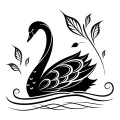 Stylized black swan illustration with detailed feathers and floating leaves on rippling water