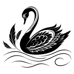 Elegant Black Swan Vector Illustration on Water with Feathers - Minimalist Decorative Design