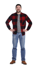 Fototapeta premium Smiling long-haul truck driver in red checkered shirt on white background