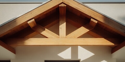Exposed wooden roof trusses casting geometric shadows on a textured wall