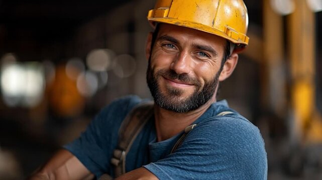 Confident Construction Worker: A skilled worker, donned in a yellow hard hat and a composed expression, exudes reliability amidst an industrial setting, symbolizing construction and labor.