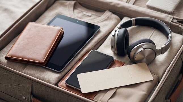 Passport, digital tablet, phone, and headphones packed in luggage. Travel essential items for a holiday voyage or business trip.