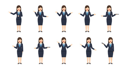 Obraz premium Businesswoman Character Poses Set. Professional Female Manager Demonstrates Various Gestures for Presentation, Teaching, and Guidance. Flat Vector Illustration.